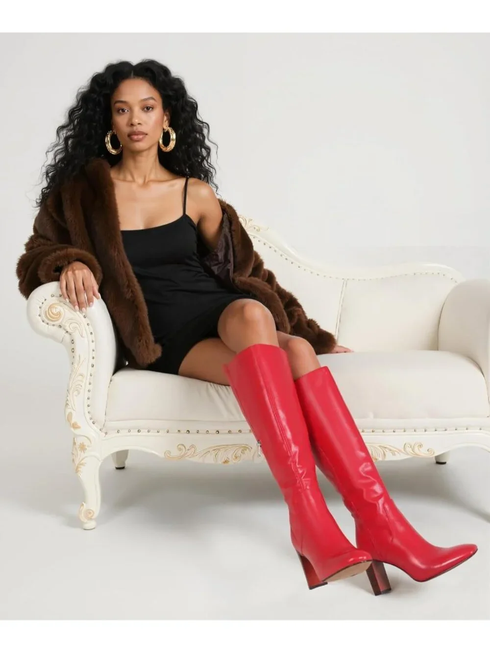 Women's Red Faux Leather Comfortable Square Toe Chunky High Knee High Boots